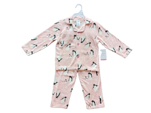 2PC VELOUR NOTCH COLLAR PJ SET WITH PENGUINS PRINT