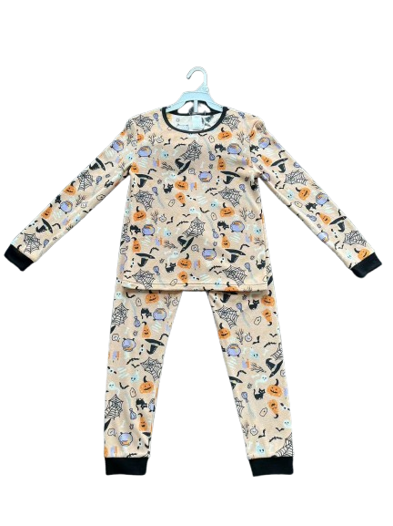 Cute Pink Ghost Aop 2PC VELOUR PJ SET for HALLOWEEN Festival.